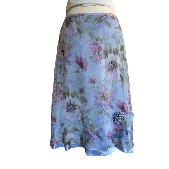 Fairycore blue and lilac floral midi skirt with ruffles and rose detail, Size 10 - Picture 2 of 8